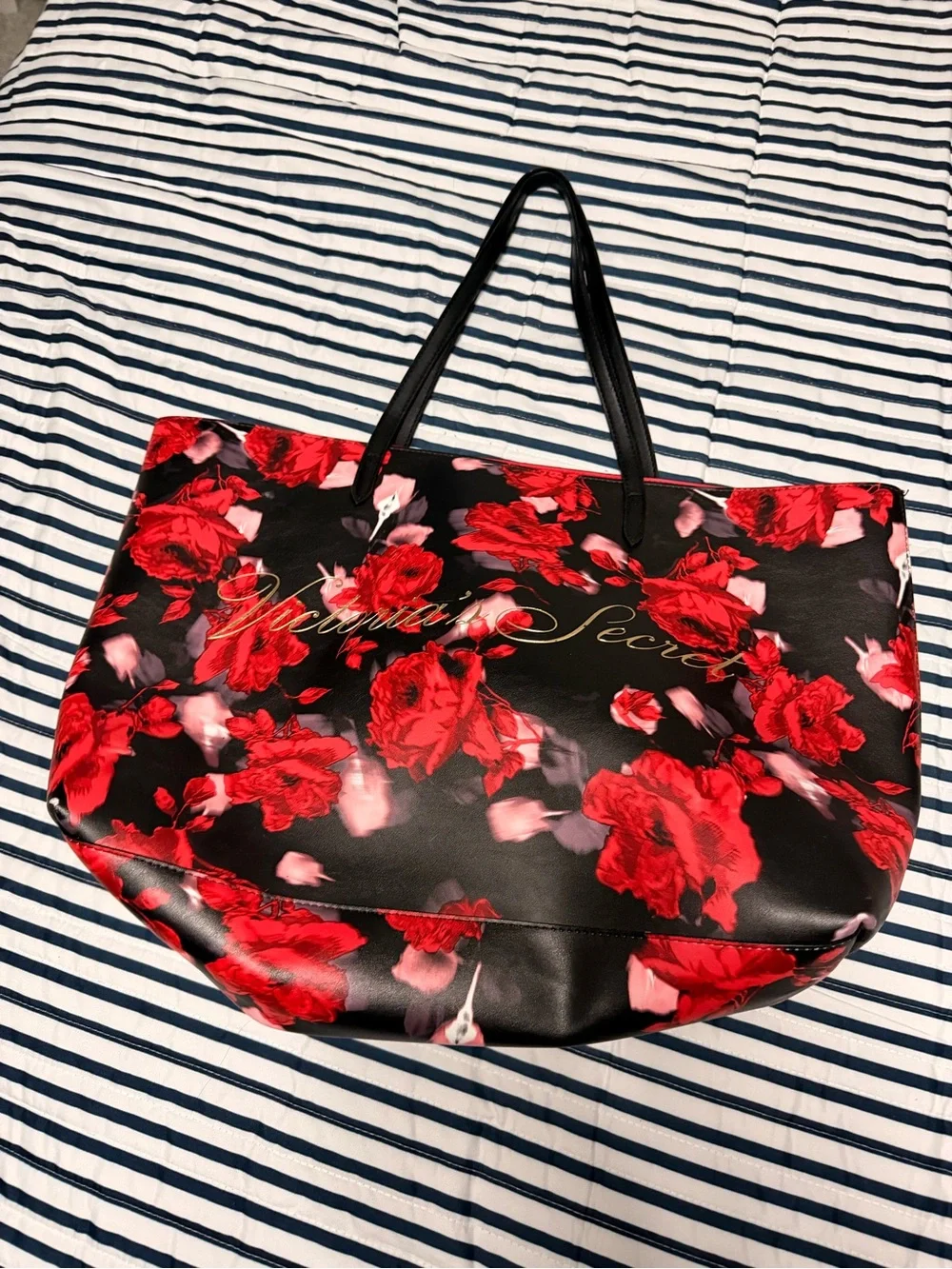 Victoria's Secret Black Tote with Red Floral Print